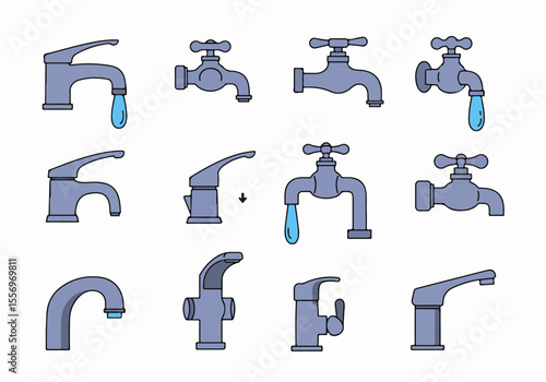 Collection of various illustrated faucet icons and taps, including some dripping water, symbolizing plumbing, water usage, or conservation.