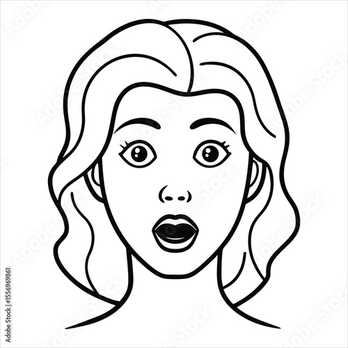 A black and white line drawing of a surprised woman s face with wide eyes and an open mouth conveying shock or astonishment