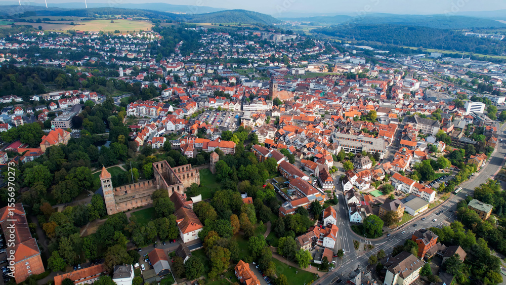 Fototapeta premium Aerial Panorama View Of The Old Town Of The City Bad Hersfeld in Germany on a sunny spring day