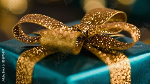 Wallpaper Mural Close Up of Teal Gift with Glittering Gold Bow and Bokeh Background Torontodigital.ca