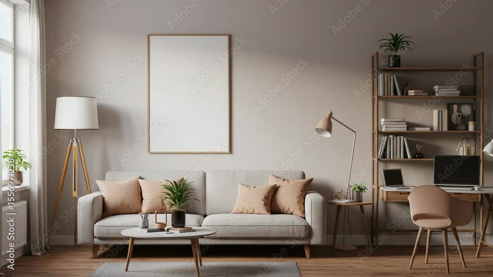Cozy Living Room Interior with Cream Sofa Round Table And Wooden Floor Decor Featuring Blank Picture Frame Indoor Scene Cozy Living Room Interior with Cream Sofa Round Table And Wooden Floor Decor Featuring Blank Picture Frame Indoor Scene