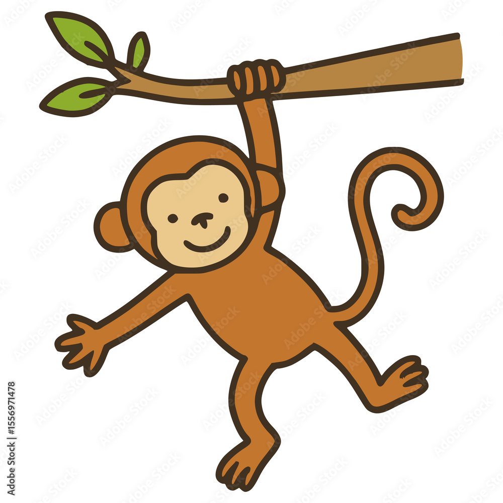 Obraz premium cute monkey hanging on a tree hand drawn cartoon animal flat color vector illustration template design