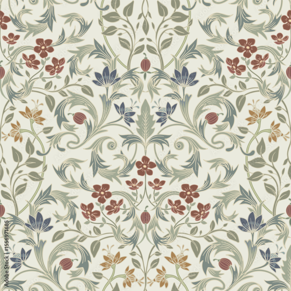 Fototapeta premium Beige floral tapestry. Vintage botanical pattern.