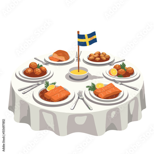 Traditional Swedish feast on elegantly set table, culinary heritage