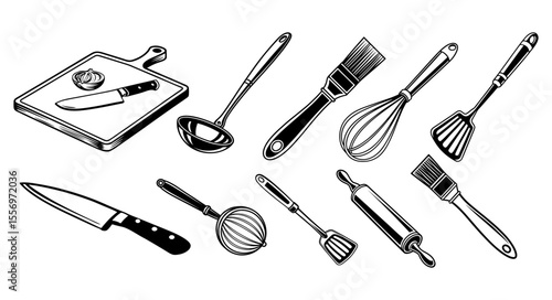 Illustration of various kitchen cooking utensils