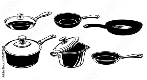 Various pots and pans with lids in black and white