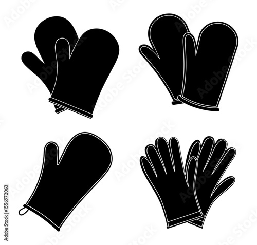 Various black mittens and gloves on white background
