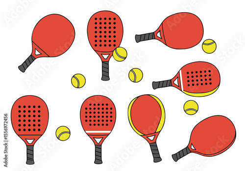 Vibrant Illustration of Red Padel Rackets and Yellow Balls Scattered on White Background