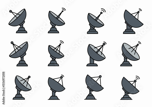 Collection of satellite dish icons in a simple flat design style, representing telecommunications, internet, broadcasting, and global communication technology.