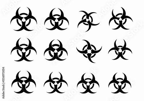 Set of various black biohazard symbols and icons representing danger, biological risk, and warning on a white background.