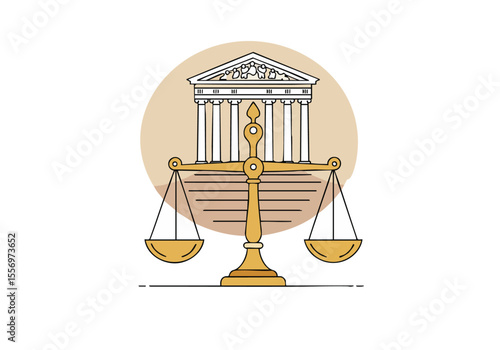 A balanced scale with a courthouse facade symbolizes citizen rights. A clean, modern illustration with a neutral background. Ideal for legal, justice, and human rights themes.