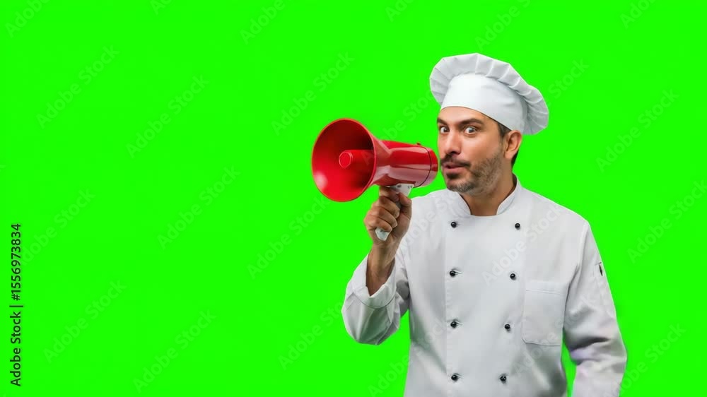 Chef holding megaphone and shouting, green screen background Chef holding megaphone and shouting, green screen background
