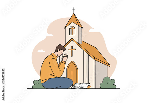 A man kneels in prayer before a church, holding a book. A serene and spiritual scene with a clear composition and soft colors. Suitable for faith and religion themes.