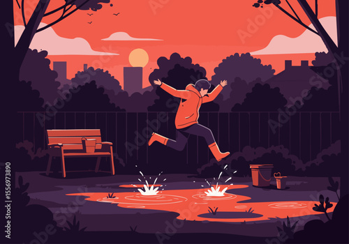 A young man leaps joyfully into a puddle, splashing water.  A vibrant sunset backdrop creates a dynamic, playful scene.  Illustrative style.
