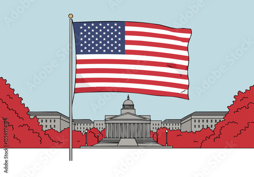 A stylized American flag with the 14th Amendment overlaid, set against the US Capitol building. Bold, graphic design. Patriotic and impactful visual.