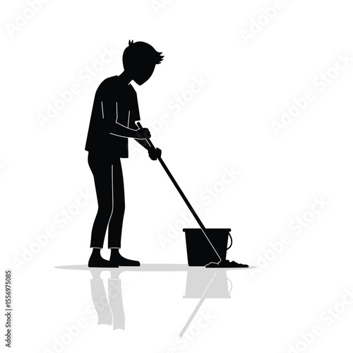 Black Silhouette Vector of Person Mopping Floor with Bucket in Daily Cleaning Scene on White Background Full HD