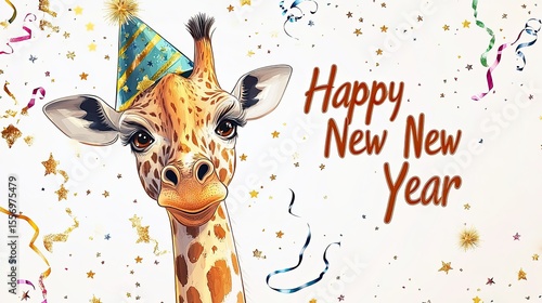 Cheerful giraffe party celebration cartoon style festive atmosphere whimsical environment close-up view playful concept