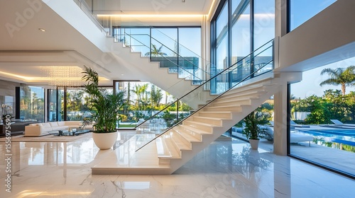 Elegant staircase and sunlit living space in a modern luxury villa