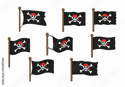 Illustrated Pirate Flags Collection: Skull and Crossbones with Red Bandanas on Poles Against White Background