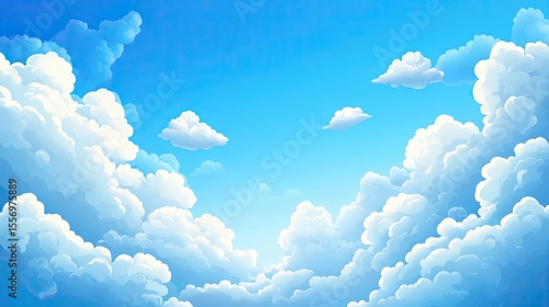 Vibrant cartoon-style bright blue sky with fluffy white clouds digital illustration optimistic atmosphere aerial view whimsical concept