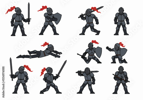A set of cartoon medieval knights in various fighting and action poses for game or design assets on a white background.