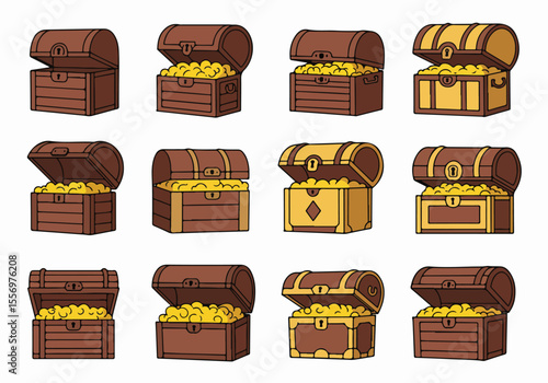 Set of various cartoon treasure chests overflowing with gold coins