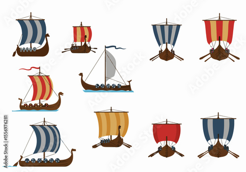 Set of Simple Cartoon Viking Longship Illustrations from Various Angles and Views