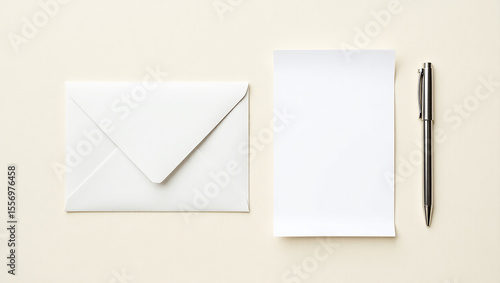 Elegant White Envelope, Blank Paper, and Pen Minimalist Stationery Mockup