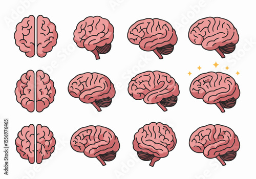 Set of illustrated human brains in various perspectives and states, including an idea spark, representing mind, intelligence, thinking, and creativity.