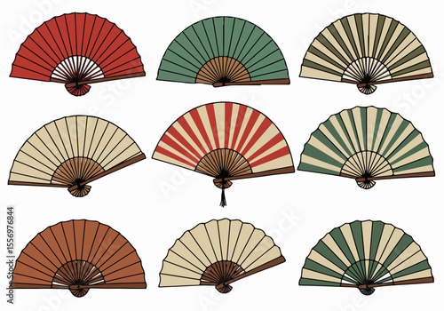 Collection of traditional hand fans with various colors and patterns, isolated