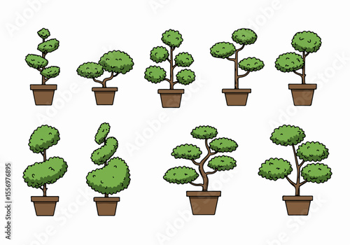 Set of Various Cartoon Potted Topiary Trees Illustration
