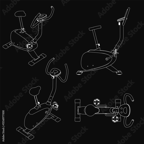 Stationary exercise bikes with unique designs stand out against a sleek black background. Each bike features detailed construction and vibrant colors, emphasizing fitness and movement.