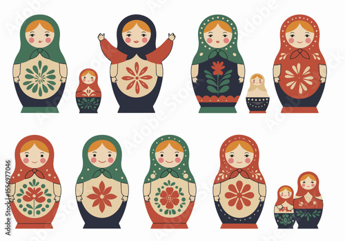 Collection of Colorful Traditional Russian Matryoshka Nesting Dolls, Vector Illustration on White Background