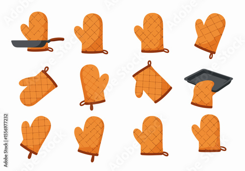 Collection of orange oven mitt illustrations in various poses, including handling a frying pan and baking tray, symbolizing kitchen safety and cooking.