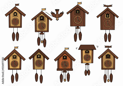 Set of various cartoon cuckoo clocks and bird illustration on white background for design projects, decoration, or time concepts