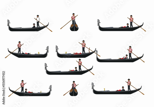 Collection of illustrated gondolas with gondoliers and passengers in various views, perfect for travel and Italian culture concepts.