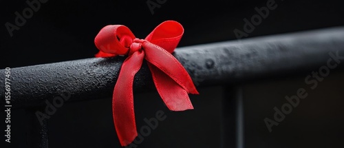 Close-up of a red ribbon tied in a bow on a black metal railing. the ribbon is tightly wound around the railing, creating a neat and tidy appearance.