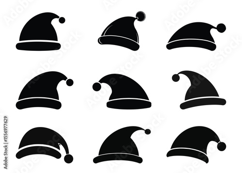solid black silhouette of a santa claus hat vector set