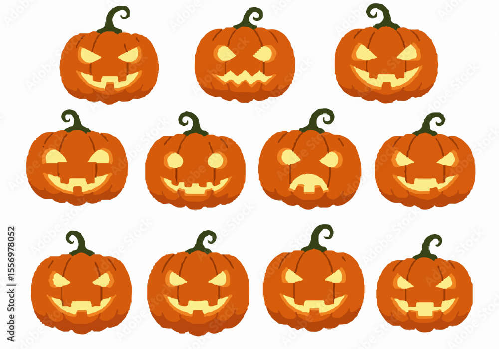 Collection of Halloween Jack-o'-lanterns with different spooky and funny carved faces illustration on white background Collection of Halloween Jack-o'-lanterns with different spooky and funny carved faces illustration on white background