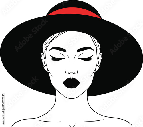 A striking illustration of a woman with closed eyes, wearing a large black hat adorned with a red band. This elegant design captures a sense of sophistication and style, perfect for fashion-related.
