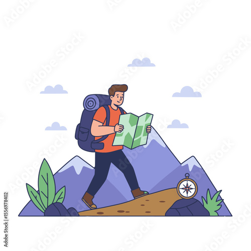 Hiker atop a mountain studies a map compass nearby under fluffy clouds