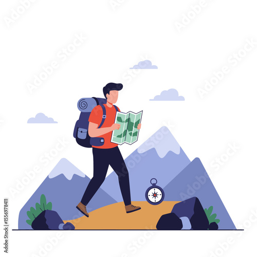 Hiker with backpack consults map amidst mountains compass nearby