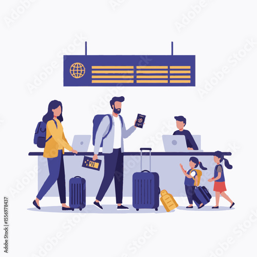 Family at airport checkin parents kids luggage counter official