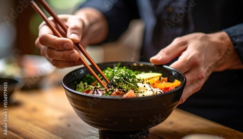 Hands Using Chopsticks To Eat A Colorful Poke Bowl