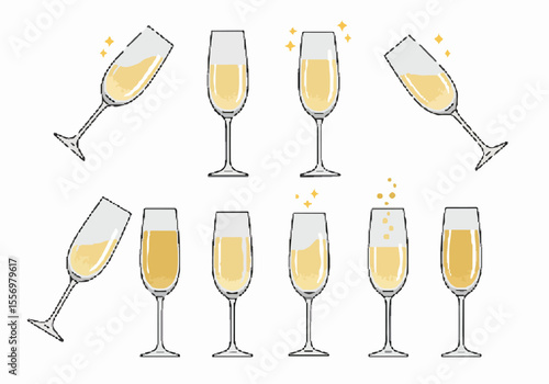 Simple hand-drawn illustration set of champagne glasses with bubbles and sparkles, perfect for celebrations and festive occasions.