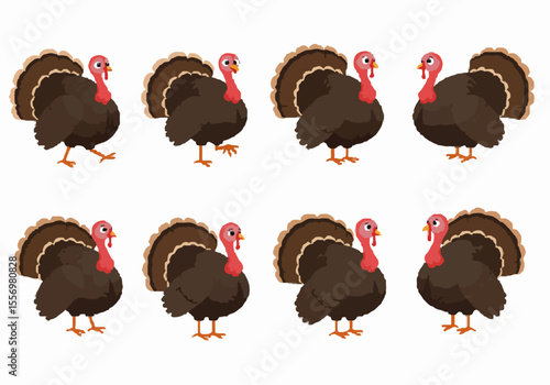 Collection of cartoon turkeys in various standing and walking poses, perfect for Thanksgiving and holiday themes.