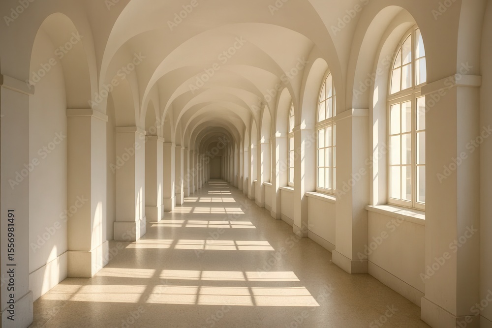 A long hallway with arches and windows in a building A long hallway with arches and windows in a building