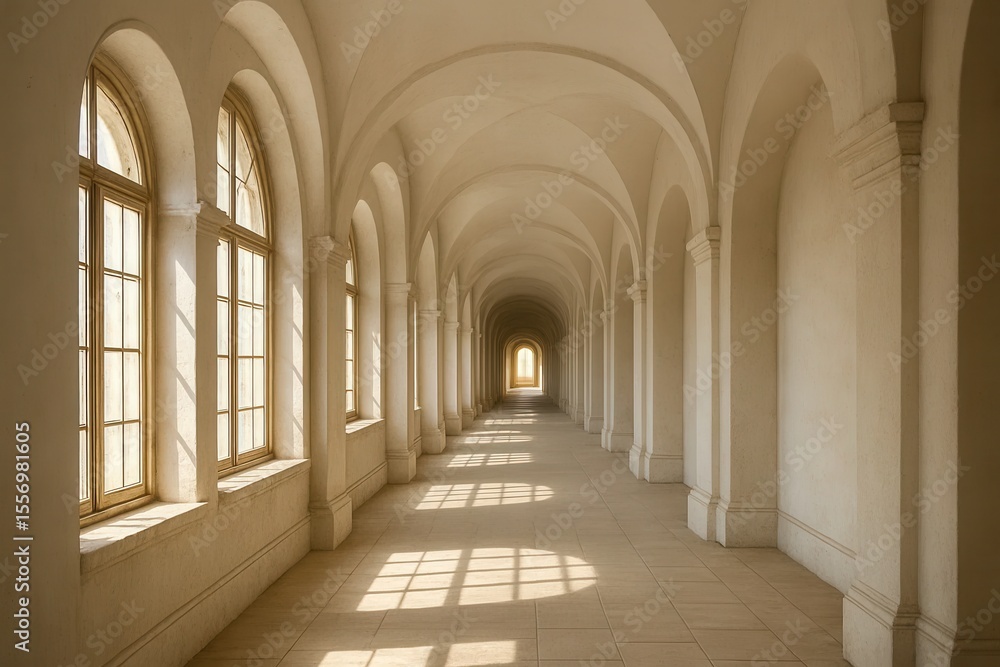 A long hallway with arches and windows in a building A long hallway with arches and windows in a building