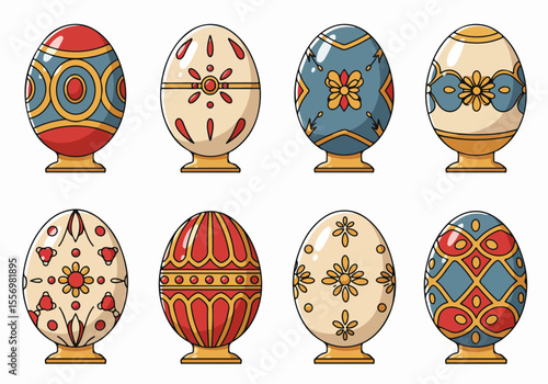 Collection of eight decorative Easter eggs with ornate traditional patterns and vibrant colors, perfect for holiday designs and celebrations.