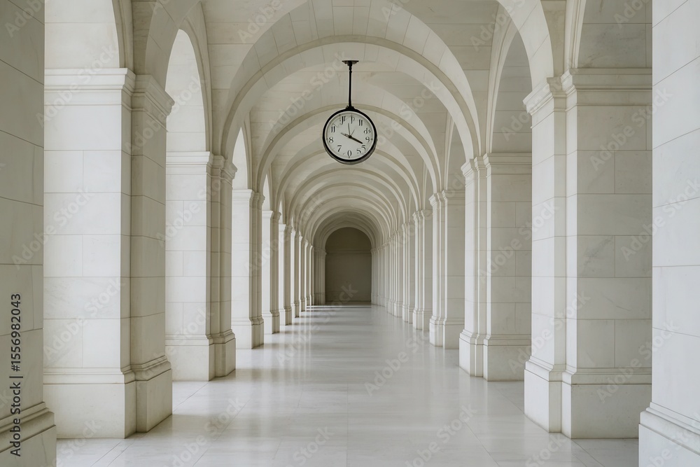 A long hallway with a clock hanging from the ceiling A long hallway with a clock hanging from the ceiling